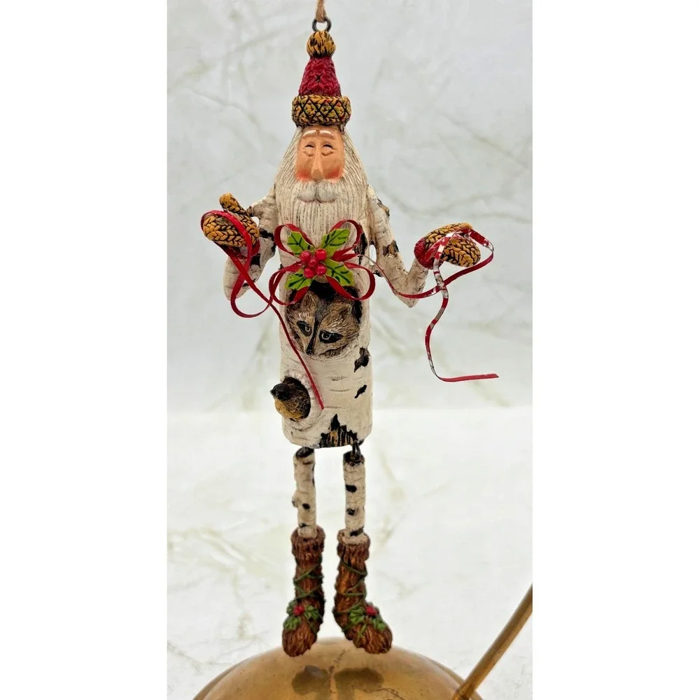 Woodland Birch Bark Santa Christmas Ornament w/ Racoon Folk‎ Art Style Vintage